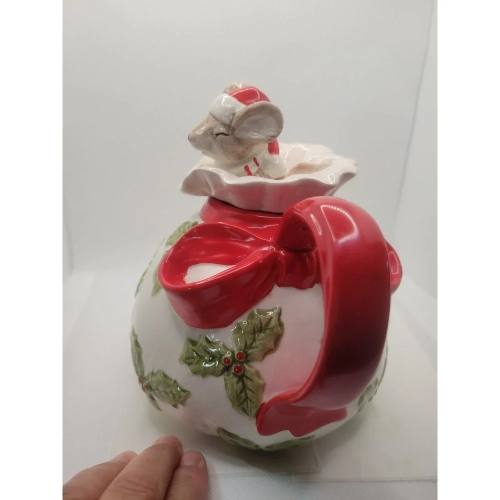 Vtg Omnibus Christmas Mice Holly Berry Ceramic Teapot Holiday Decor